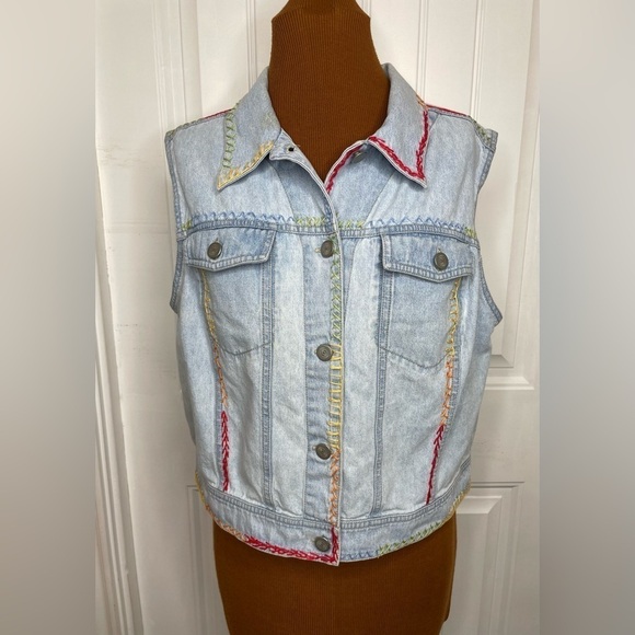 Vintage Jackets & Blazers - Denim Cotton Vest Colorful Contrast Stitching Size Large